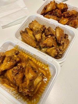 30pcs Buffalo Gold, Garlic Parmesan, and Thai Chili BBQ Wings.