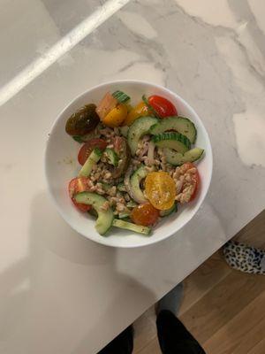 Greek Farro Bowl. This is what it looks like when put in my own tiny bowl at home. Not worth $13 bucks.