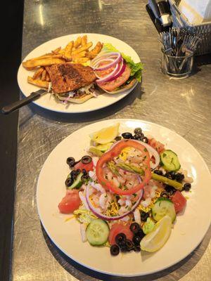 Shrimp Louie and Blackened Salmon Burger