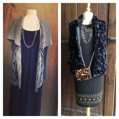 Sweater on left and dress on right by Karen Kane, dress on left by Sanctuary clothing and vest by Dylan clothing.