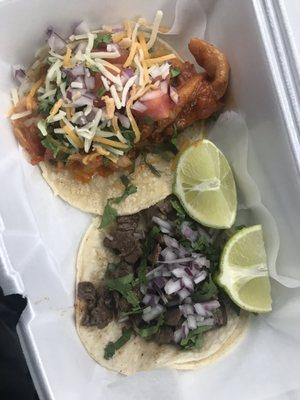 Fish and carne asada tacos. Only $5!! Delicious and deals.