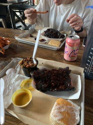 ribs, beans, mustard sauce, cakey cornbread