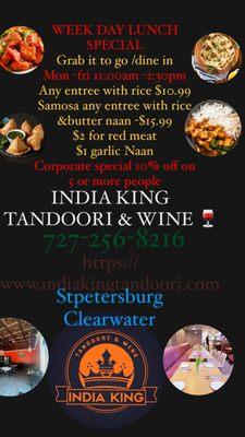 Lunch specials please check your menu 

https://www.indiakingtandoori.com