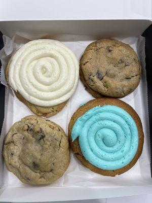 Cinnamon roll cookie, m&m chocolate chip, walnut chocolate chip and sugar cookie. So good!!