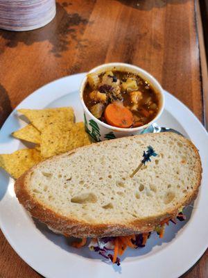 Half avocado cream cheese sandwich and minestrone soup (soup wasn't my thing)