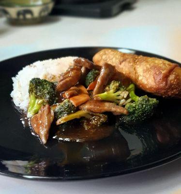 Beef and broccoli plated at home