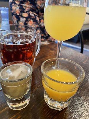 Amber lager, pineapple mimosa, Irish breakfast SHOT