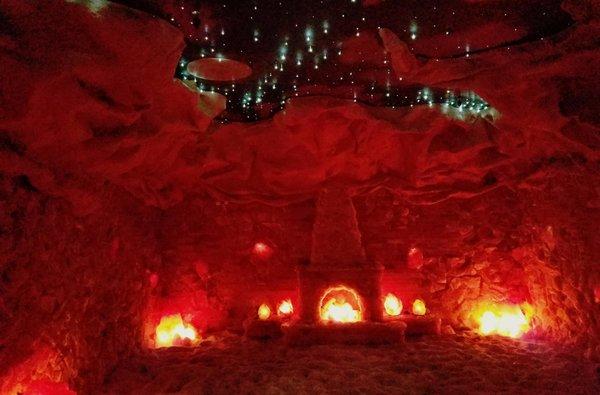 Himalayan salt cave with a salt fireplace.