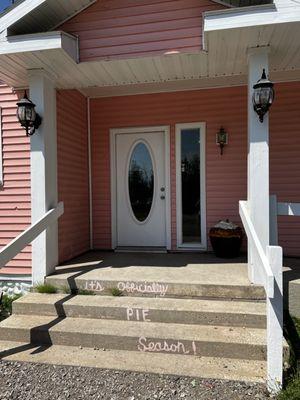 Pie shaped planters on the porch.