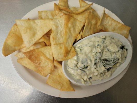 homemade spinach and artichoke dip with fresh fried pita chips