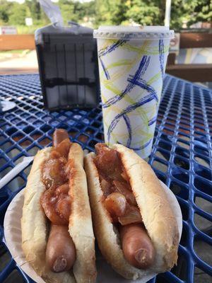 Two dogs and soda combo with red onions. (Onions a little spicy, so beware for kids) but I liked it.