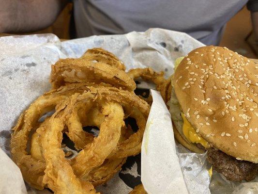 Cheeseburger and onion ring basket