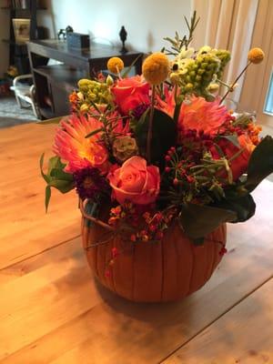 The "Halloweenish" arrangement that I requested from Fleurish, the pumpkin was  a great surprise!