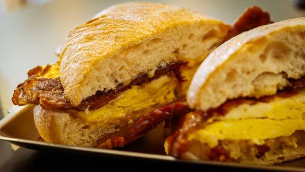 Bacon, egg and cheese on ciabatta