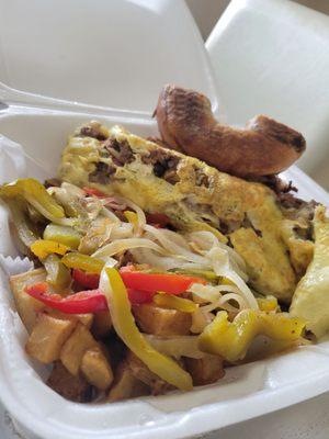 Cheesesteak Omelet w/ Potatoes & Bagel