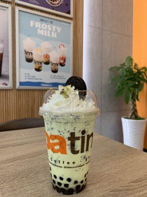 pistachio oreo frappe with whipped cream