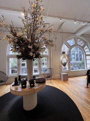 Gorgeous lobby with tea set up for students to enjoy after class