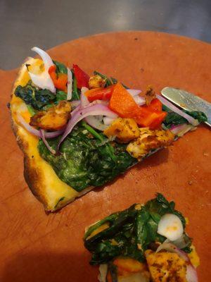 Sweet potato pizza; sweet potatoes, blackened chicken, red onions sage. I added spinach and red peppers, omitted cheese.