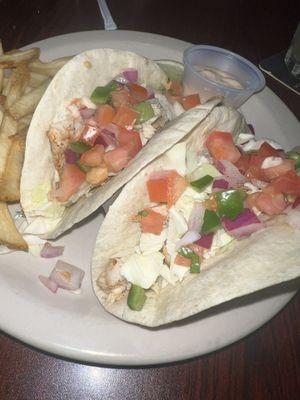 Mahi mahi tacos with a side (fries)