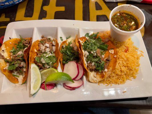 Birria tacos was very tasty! Service was prompt and food was fresh and hot! Will definitely go back and try more dishes on the menu.