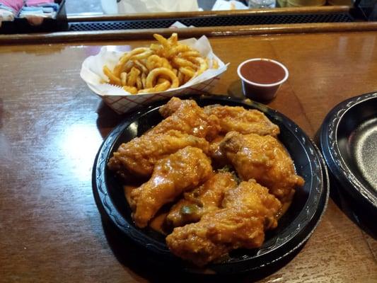 BYFO wings, curly fries, and sweet heat BBQ sauce to replace ketchup.