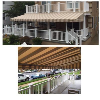 Stationary awnings provide durable shade and weather protection