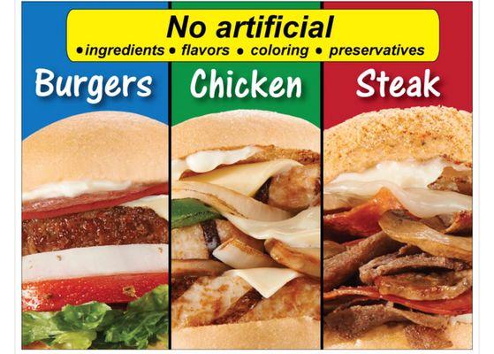 Burgers chicken steaks