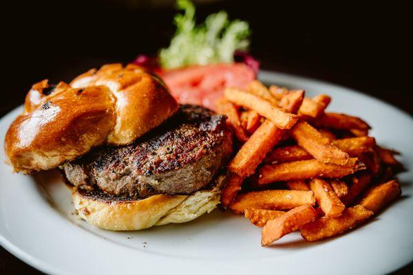 Grilled Sirloin Burger with Sweet Potato Fries