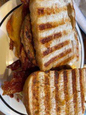 Bacon and Cheddar Panini with chicken sausage