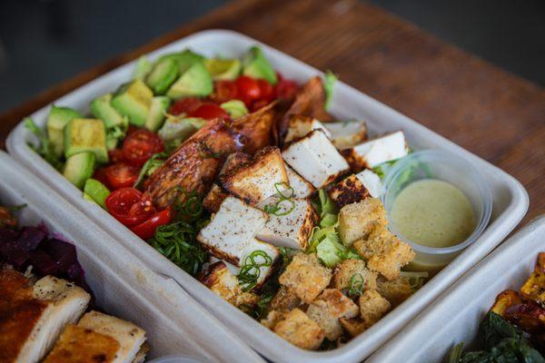 Vegan cobb salad with mushroom vegan bacon