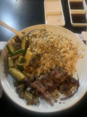 Fried Rice, ribeye, and vegetables