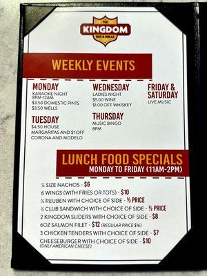 Weekly Events and Lunch Specials