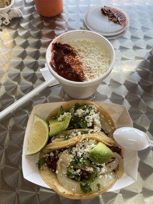 Elotes in cup, 2 tacos