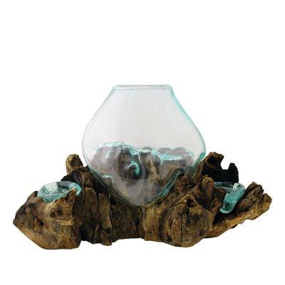 Hand Blown Molten Glass and Wood Root Sculptured Terrarium / Vase / Fish Bowl with Double Candle Holders