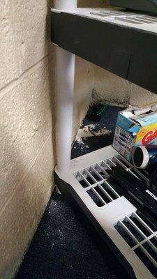 Laundry detergent box open and showing the detergent on the floor. Also the hair dryer and scissors. All within any childs reach!