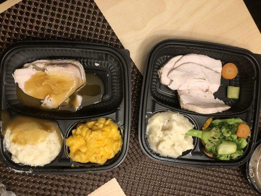 Turkey with mashed potatoes & Mac-n-cheese and  Turkey with mashed potatoes & vegetables