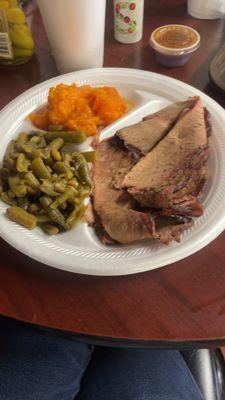 Brisket,, sweet potatoes and green beans