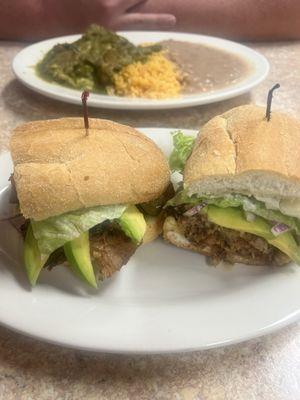 Carnitas torta in front and pork ribs special in back. Delicious, as always.