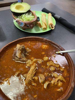 Pozole rojo con tacos dorados de papa. Delicious!