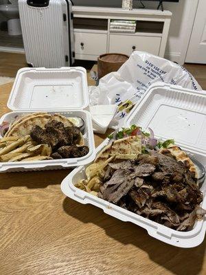 Pork souvlaki platter (left) and gyro platter (right)