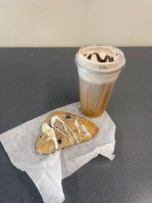 Iced s'mores coffee and a blueberry scone