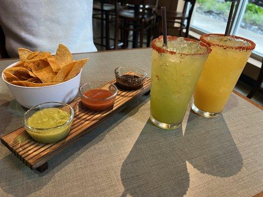 Chips and salsa, Cucumber lime margarita, mango margarita