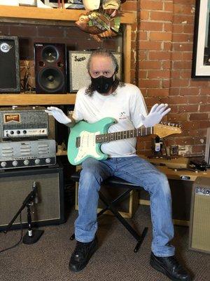 The illustrious jazz fusion guitarist Scott Henderson stayin' safe with his Suhr Signature guitar.