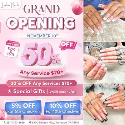 GRAND OPENING: November 10th 

Join us for the Grand Opening of Leslie Nails on November 10th! 
To celebrate, we're offering:
 50