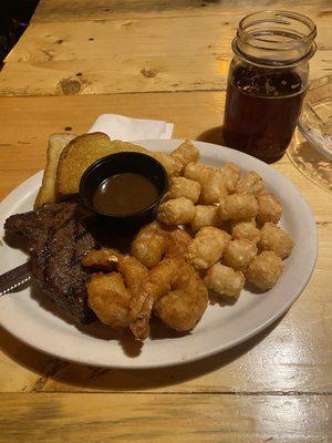 Steak & Shrimp with the tots! +some Duck Pond beer.