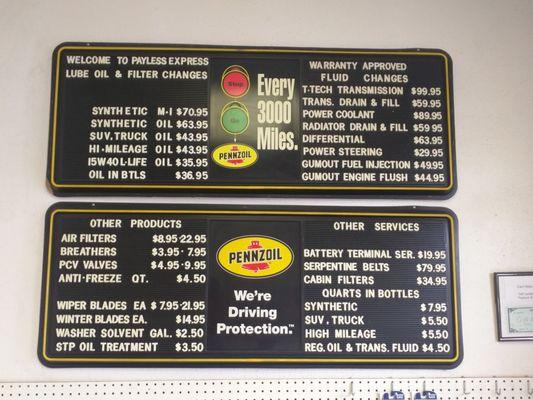 Service Board with Pricing