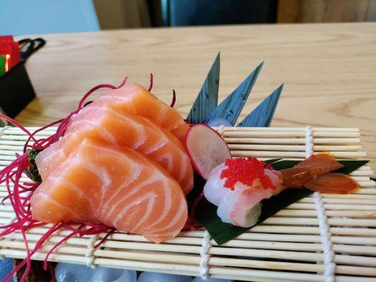 My sashimi dinner (chef's choice) came with a sweet shrimp! So good. Amazing generous salmon, too!