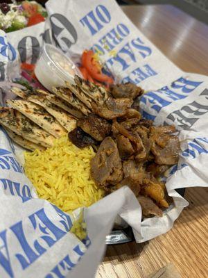 PORK SOUVLAKI PLATE WITH RICE, SIDE SALAD, TZATZIKI SAUCE & PITA BREAD