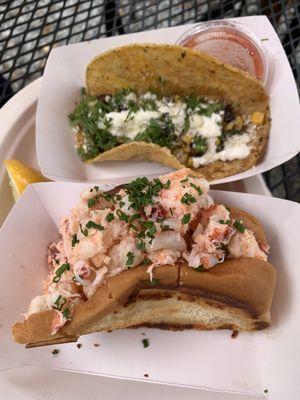 Lobster roll and vegetable taco