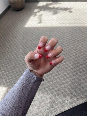 Coffin, french nails with red tips